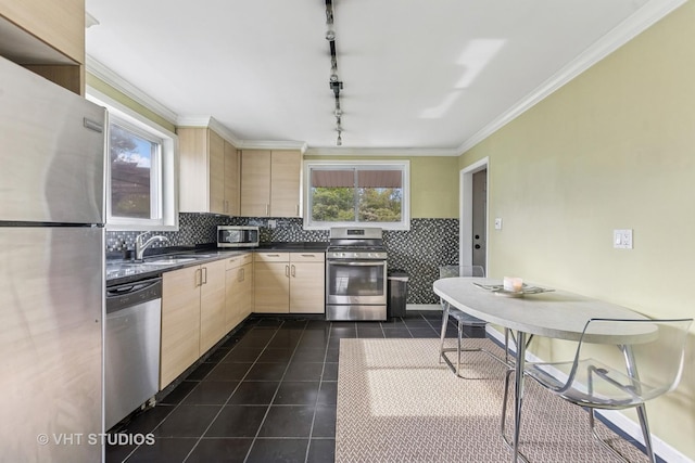 21W534 Bemis Rd, Glen Ellyn, IL 60137 - kitchen with appliances with stainless steel finishes, light brown cabinets, track lighting, a sink, and dark countertops