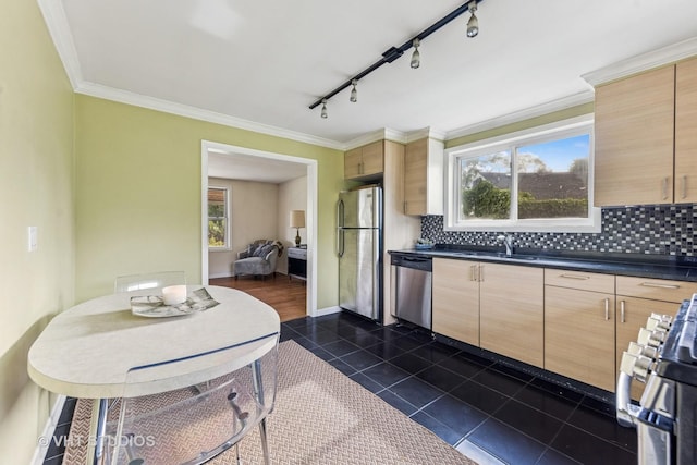 21W534 Bemis Rd, Glen Ellyn, IL 60137 - kitchen with appliances with stainless steel finishes, light brown cabinetry, dark tile patterned flooring, decorative backsplash, and dark countertops