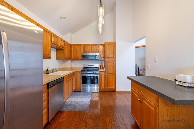 kitchen featuring dark countertops, dark wood-type flooring, appliances with stainless steel finishes, high vaulted ceiling, and a sink