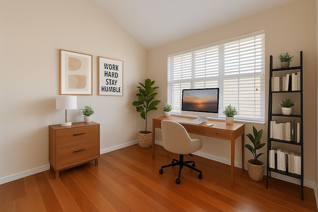 office featuring baseboards, vaulted ceiling, and wood finished floors