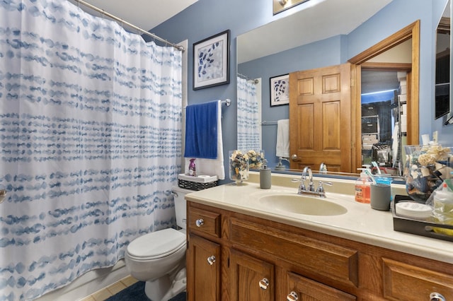 full bathroom with toilet, shower / tub combo, tile patterned flooring, and vanity