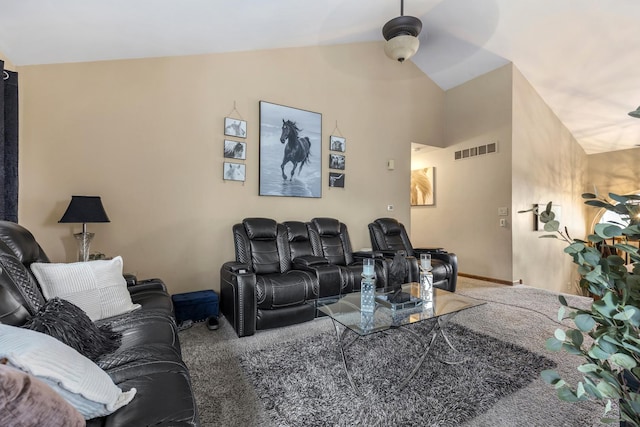 carpeted living area featuring a ceiling fan, baseboards, visible vents, and lofted ceiling
