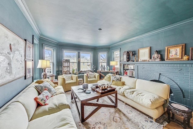 living area featuring wood finished floors and ornamental molding