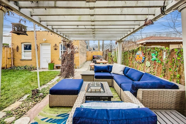 view of patio / terrace featuring a fenced backyard, an outdoor living space, and a pergola