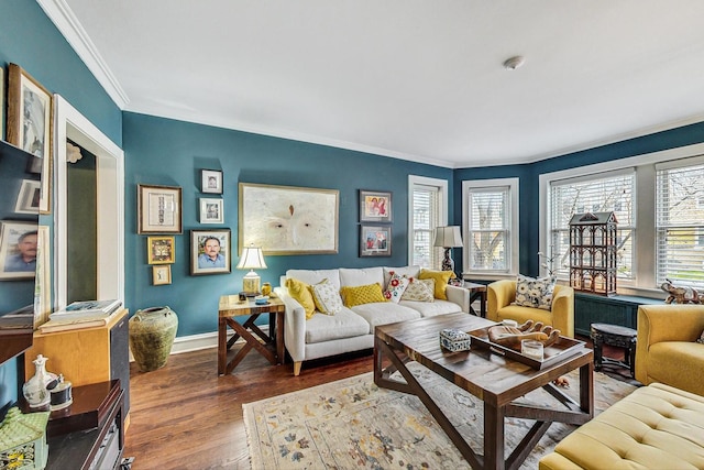 living area with baseboards, ornamental molding, and wood finished floors