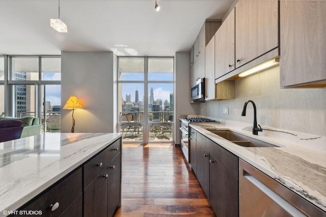 kitchen with a city view, dark wood-type flooring, a wall of windows, a sink, and stainless steel appliances