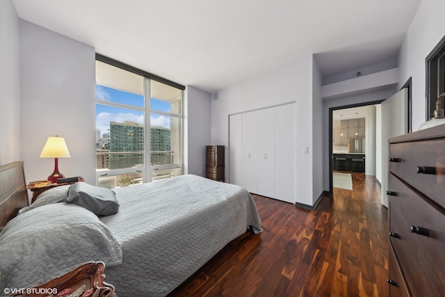 bedroom featuring expansive windows, a closet, baseboards, dark wood-type flooring, and a city view