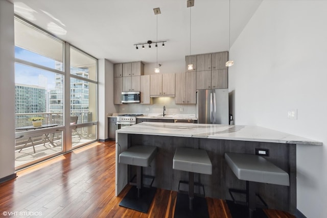 kitchen featuring dark wood-style flooring, a breakfast bar, a peninsula, floor to ceiling windows, and stainless steel appliances