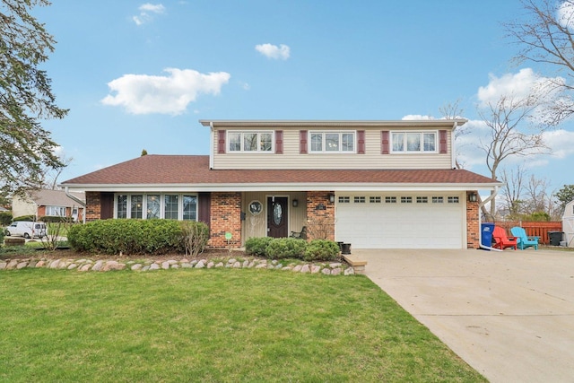 traditional-style home featuring brick siding, driveway, a front lawn, and a garage