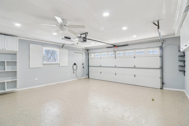 garage with recessed lighting, baseboards, a garage door opener, and ceiling fan