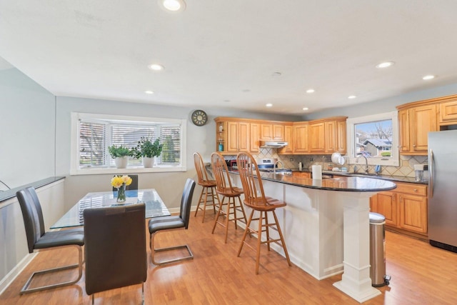 kitchen featuring light wood finished floors, appliances with stainless steel finishes, a breakfast bar area, and under cabinet range hood