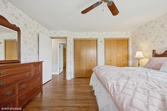 1112 N Perry Dr, Palatine, IL 60067 - bedroom with wallpapered walls, wood finished floors, multiple closets, and ceiling fan