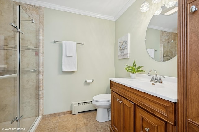 1112 N Perry Dr, Palatine, IL 60067 - full bath with a baseboard radiator, vanity, a stall shower, toilet, and ornamental molding
