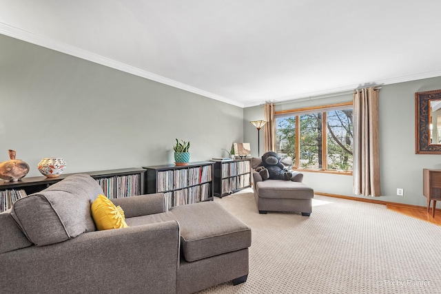 living area with crown molding and baseboards