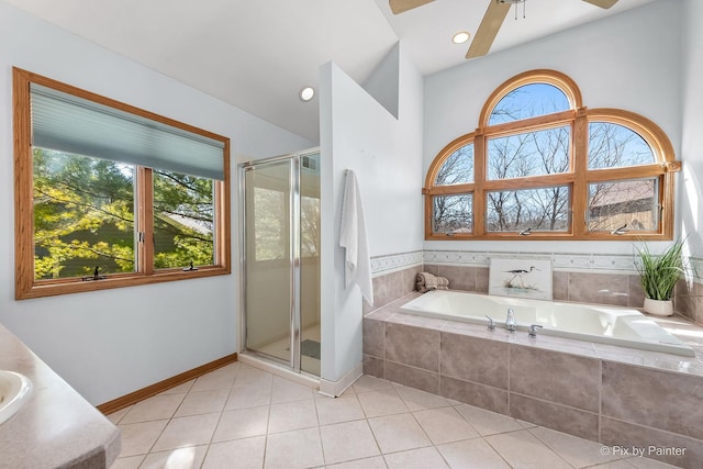 bathroom featuring a garden tub, a shower stall, a ceiling fan, recessed lighting, and tile patterned floors