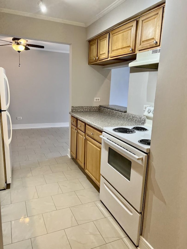 5424 W Ferdinand St Unit 104, Chicago, IL 60644 - kitchen featuring baseboards, a ceiling fan, white appliances, under cabinet range hood, and crown molding
