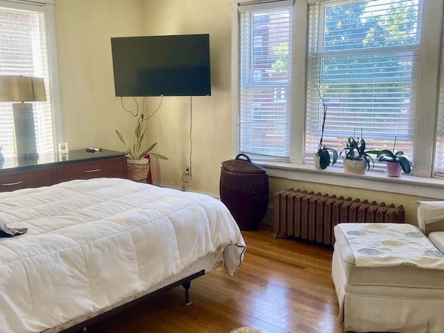 bedroom with multiple windows, radiator heating unit, and wood finished floors