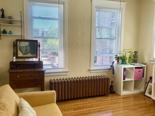 living area with a healthy amount of sunlight, radiator heating unit, and wood finished floors