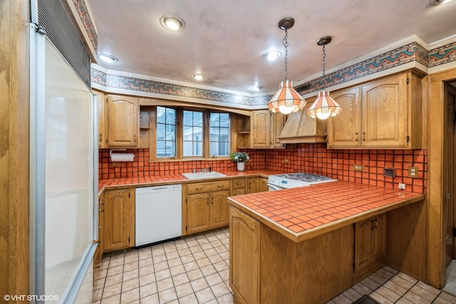 kitchen with open shelves, white appliances, premium range hood, a peninsula, and tile countertops