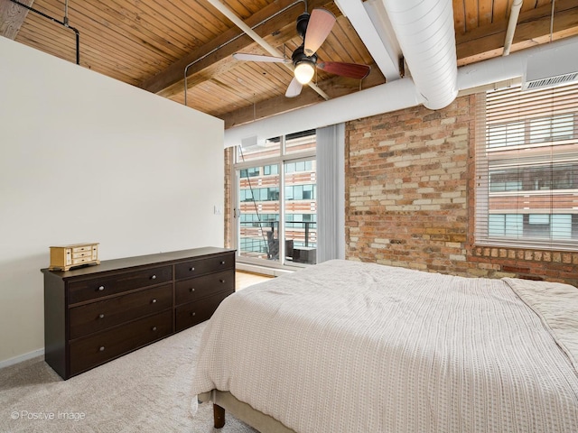 carpeted bedroom featuring wooden ceiling, brick wall, a ceiling fan, beamed ceiling, and access to outside