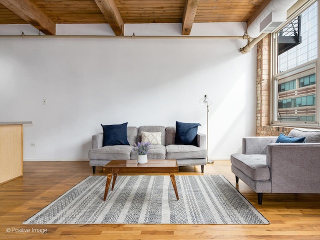 living area featuring wood ceiling, beam ceiling, and wood finished floors
