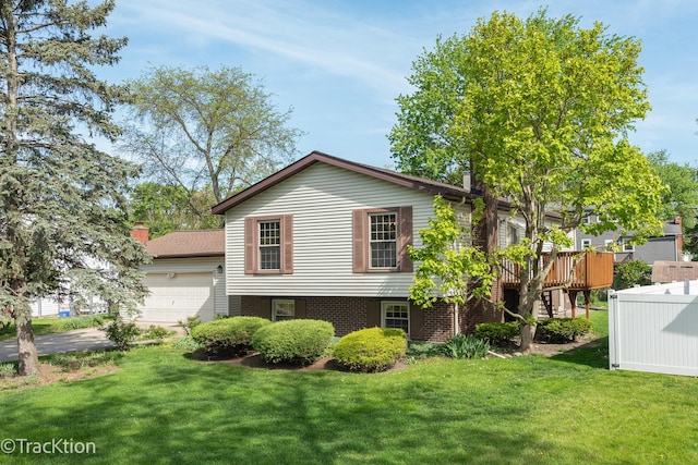 view of property exterior with a lawn, an attached garage, stairs, and a deck