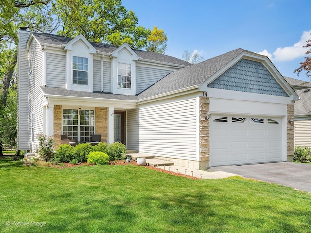 14 Wildflower Way, Streamwood, IL 60107 - view of front of home featuring stone siding, a chimney, asphalt driveway, and a front yard