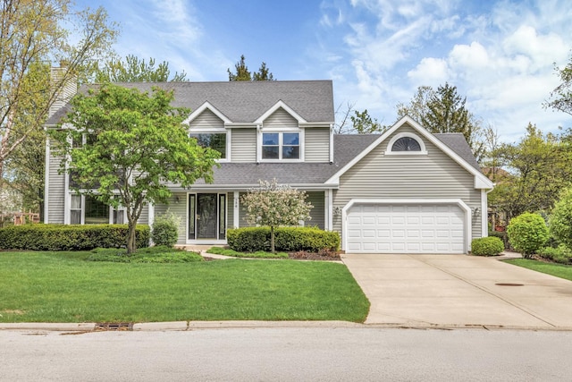 traditional-style house with concrete driveway, an attached garage, a front lawn, roof with shingles, and a chimney
