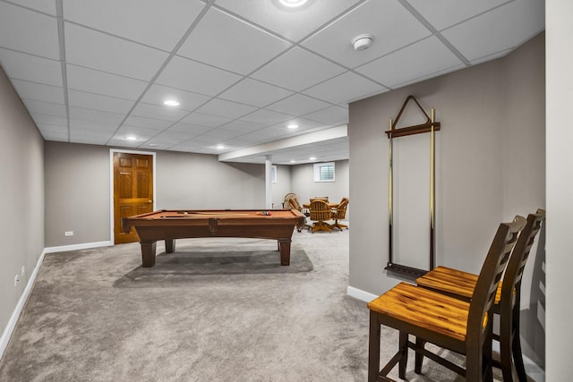 rec room featuring pool table, carpet floors, baseboards, recessed lighting, and a drop ceiling
