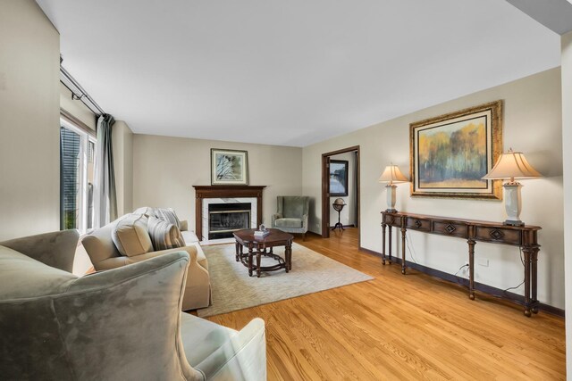 living room with light wood-type flooring, a premium fireplace, and baseboards