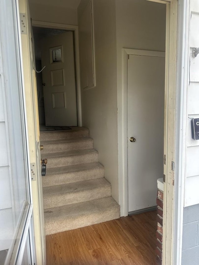 stairs featuring wood finished floors
