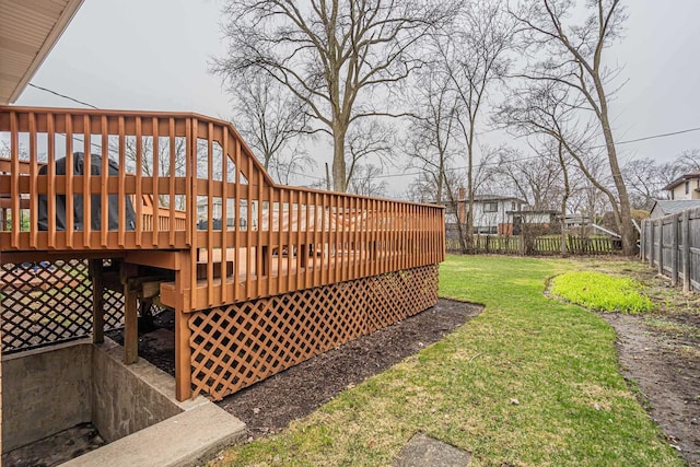 wooden deck featuring fence and a yard