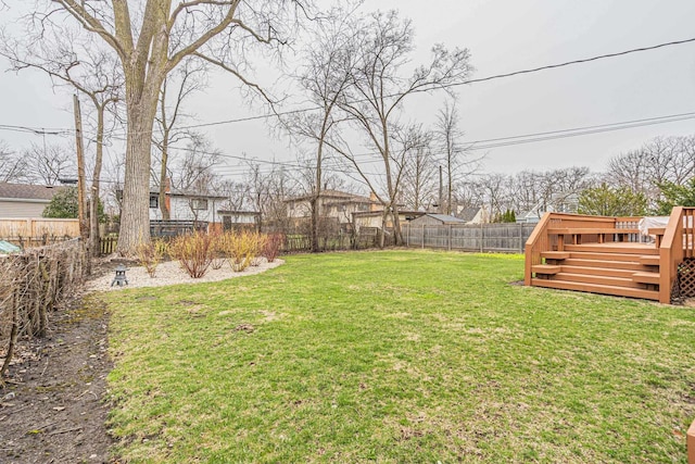 view of yard with a fenced backyard and a deck