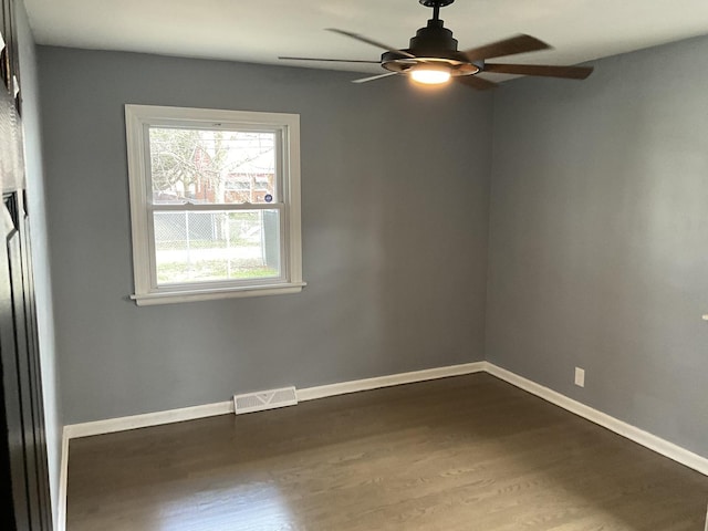451 Clyde Ave, Calumet City, IL 60409 - unfurnished room featuring dark wood-type flooring, baseboards, a ceiling fan, and visible vents