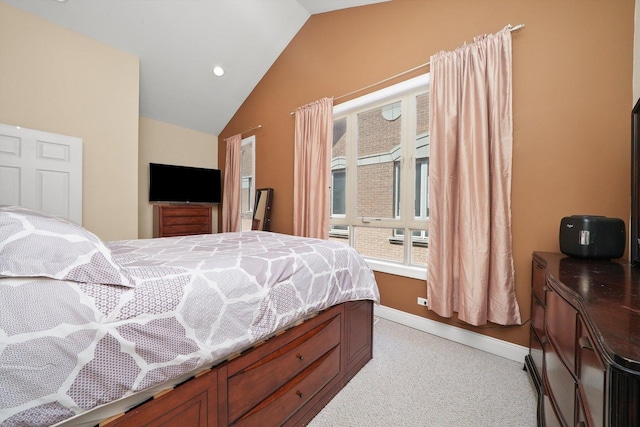 bedroom featuring baseboards, light carpet, recessed lighting, and lofted ceiling