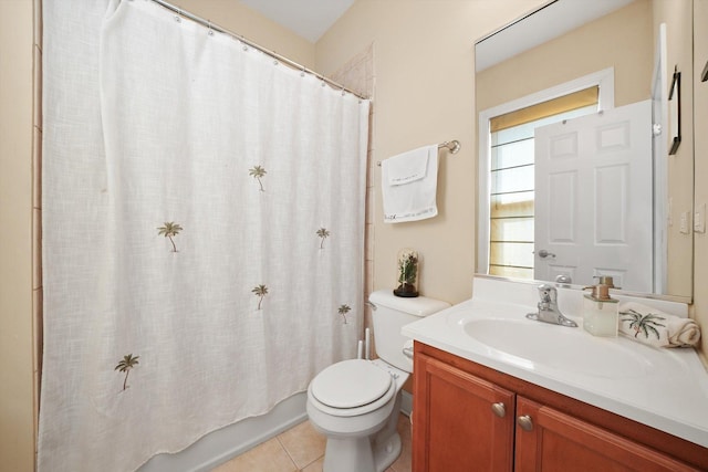bathroom with toilet, shower / tub combo with curtain, tile patterned flooring, and vanity