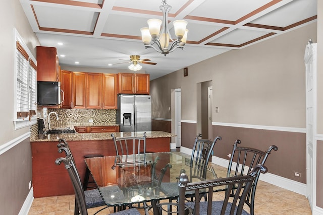 701 N 4th Ave, Maywood, IL 60153 - dining space with ceiling fan with notable chandelier, beamed ceiling, recessed lighting, coffered ceiling, and baseboards