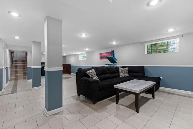 701 N 4th Ave, Maywood, IL 60153 - living room with a healthy amount of sunlight, light tile patterned flooring, and recessed lighting