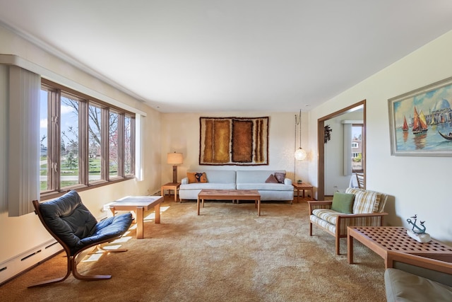 living area with a baseboard radiator and light colored carpet