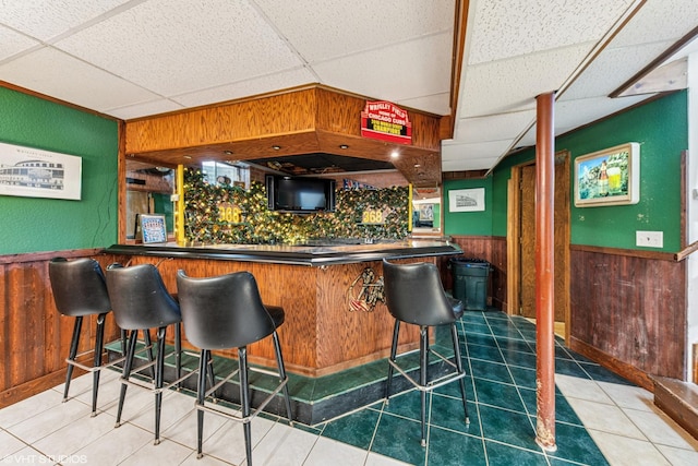 bar featuring a paneled ceiling, wood walls, a community bar, and wainscoting