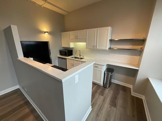 kitchen featuring a sink, dishwasher, dark wood-type flooring, and decorative backsplash