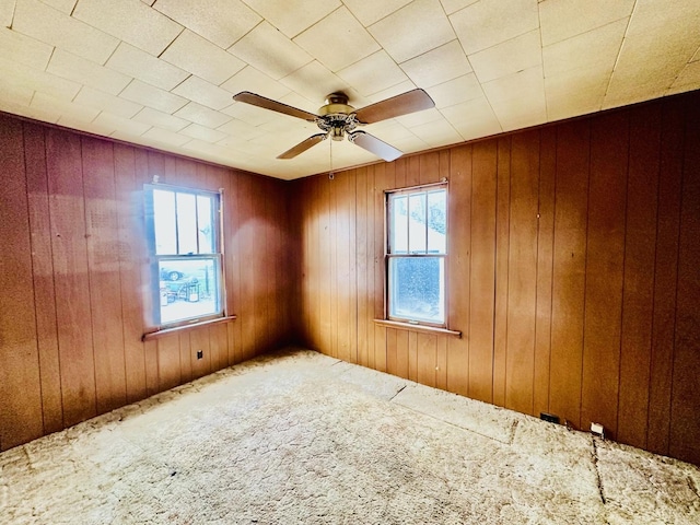 spare room featuring wood walls, a wealth of natural light, and ceiling fan