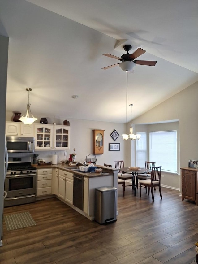 kitchen with glass insert cabinets, a peninsula, white cabinets, lofted ceiling, and stainless steel appliances