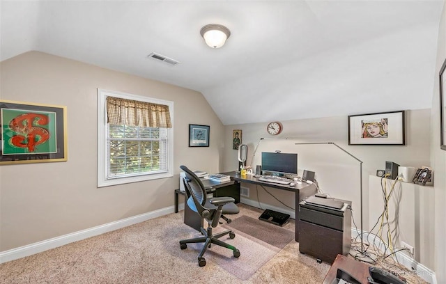 home office with baseboards, visible vents, carpet, and lofted ceiling