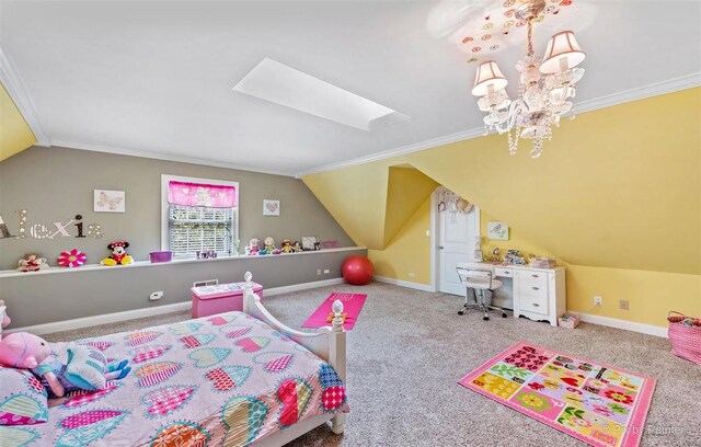 bedroom featuring crown molding, carpet, an inviting chandelier, and lofted ceiling with skylight