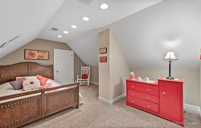 carpeted bedroom with visible vents, recessed lighting, baseboards, and vaulted ceiling
