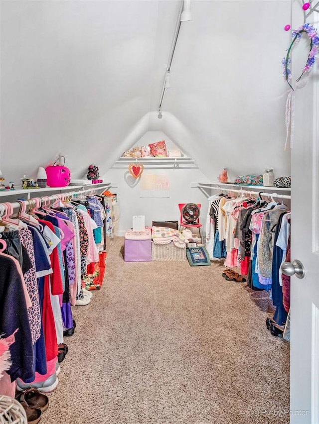 spacious closet with carpet floors and vaulted ceiling
