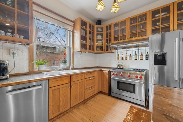 kitchen with a sink, under cabinet range hood, stainless steel appliances, light wood-style flooring, and decorative backsplash
