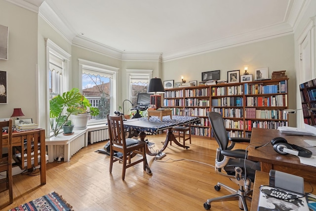 office area featuring light wood-style floors and crown molding