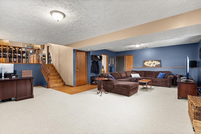 15306 S Heritage Dr, Plainfield, IL 60544 - living area with carpet floors, baseboards, a textured ceiling, and stairway